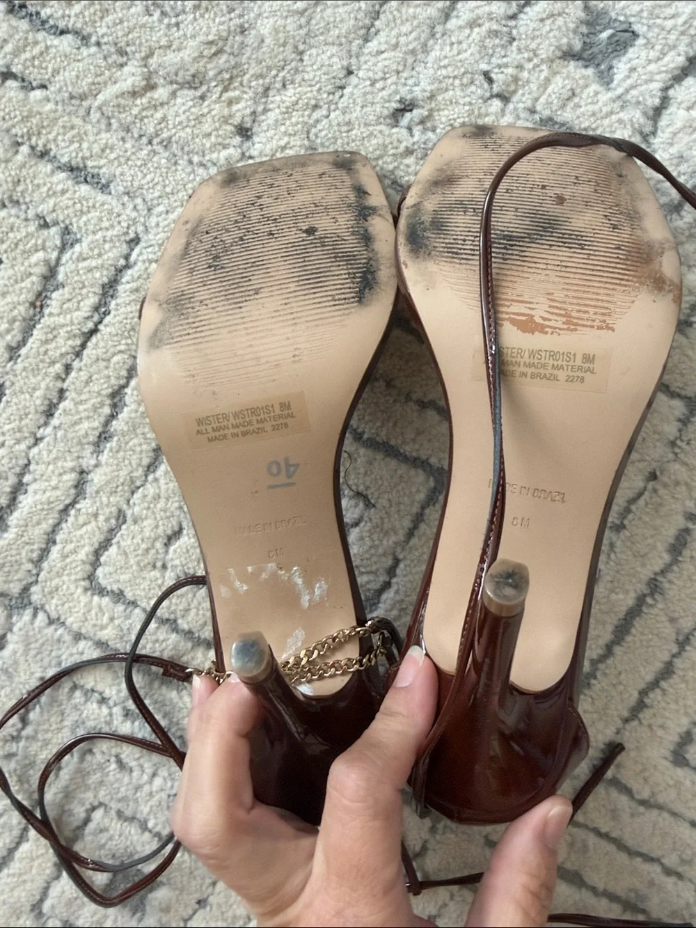 Steve Madden Brown Patent wrap around Chain-Ankle Stiletto Sandals - Picture 5 of 11